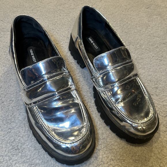 Nine West Women's Silver Chunky Heel Shoes/Loafers Size 10 M - Picture 1 of 8